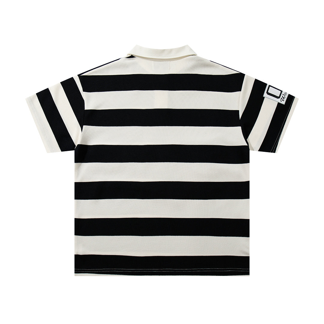 Vintage Black‑White Stripe MAJESTIC Rugby Polo Shirt