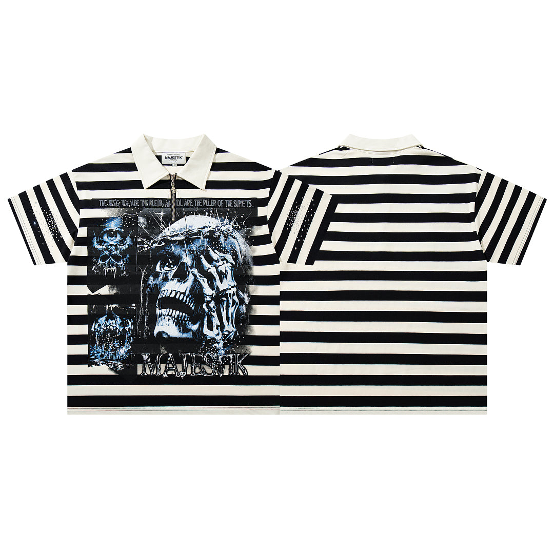 Black White Stripe Vintage Portrait Graphic Polo Shirt