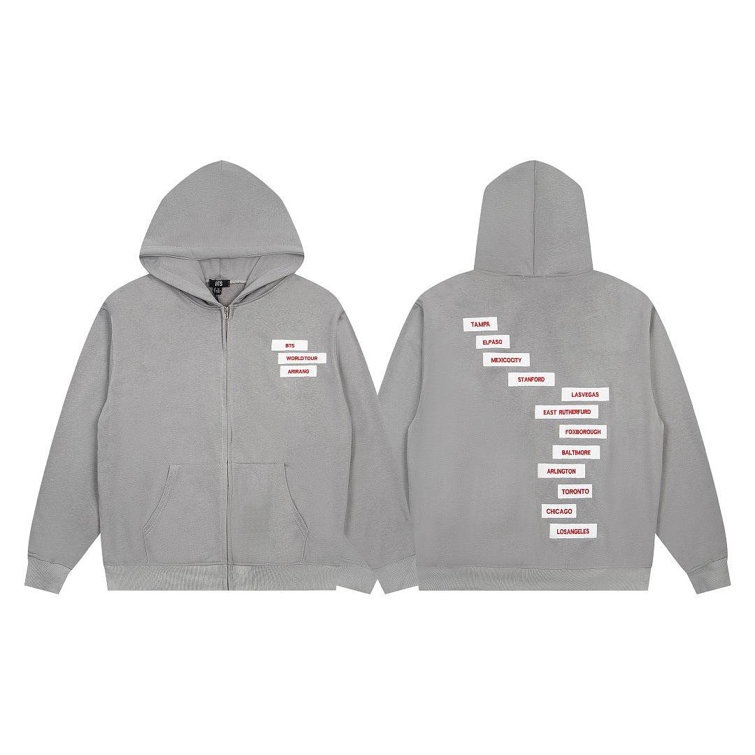 Vintage Light Grey Diagonal Stacked Letter Print Full‑Zip Hoodie