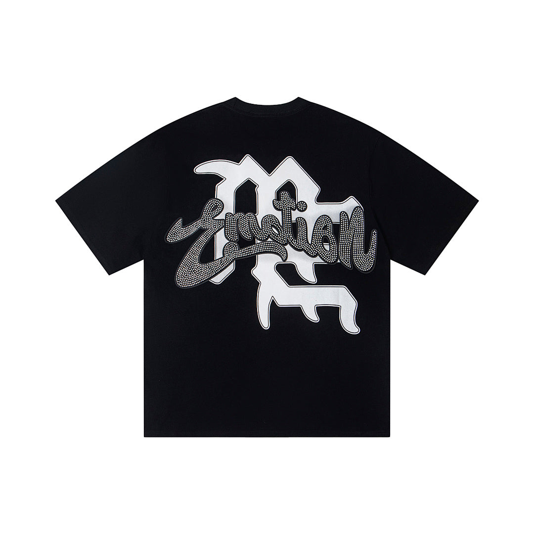 Black Vintage Rhinestone Letter Angel Graphic Oversized Crew‑Neck Street T‑Shirt