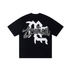 Black Vintage Rhinestone Letter Angel Graphic Oversized Crew‑Neck Street T‑Shirt