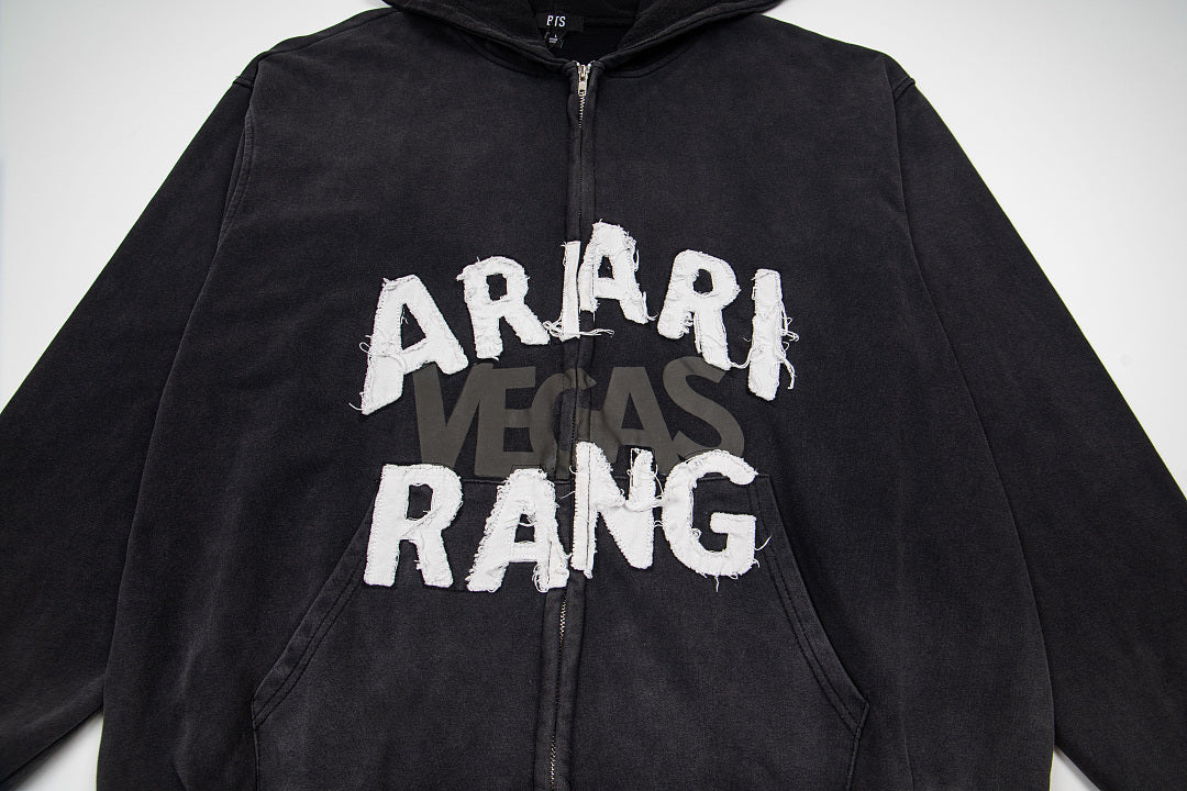 Vintage Black ARARI RANG Letter Print Full‑Zip Hoodie