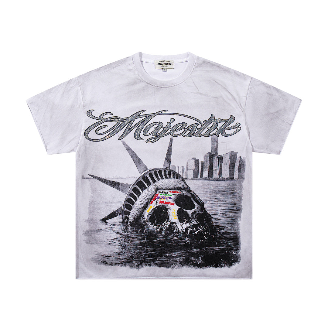 Off‑White Washed Vintage Statue Of Liberty Tour Poster Double‑Sided Band‑Style T‑Shirt
