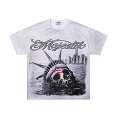 Off‑White Washed Vintage Statue Of Liberty Tour Poster Double‑Sided Band‑Style T‑Shirt