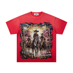 Red Washed Vintage Western Cowboy Double‑Sided Graphic Band‑Style T‑Shirt