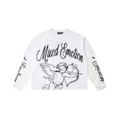 Black & White Angel Art Long Sleeve T‑Shirt Urban Streetwear