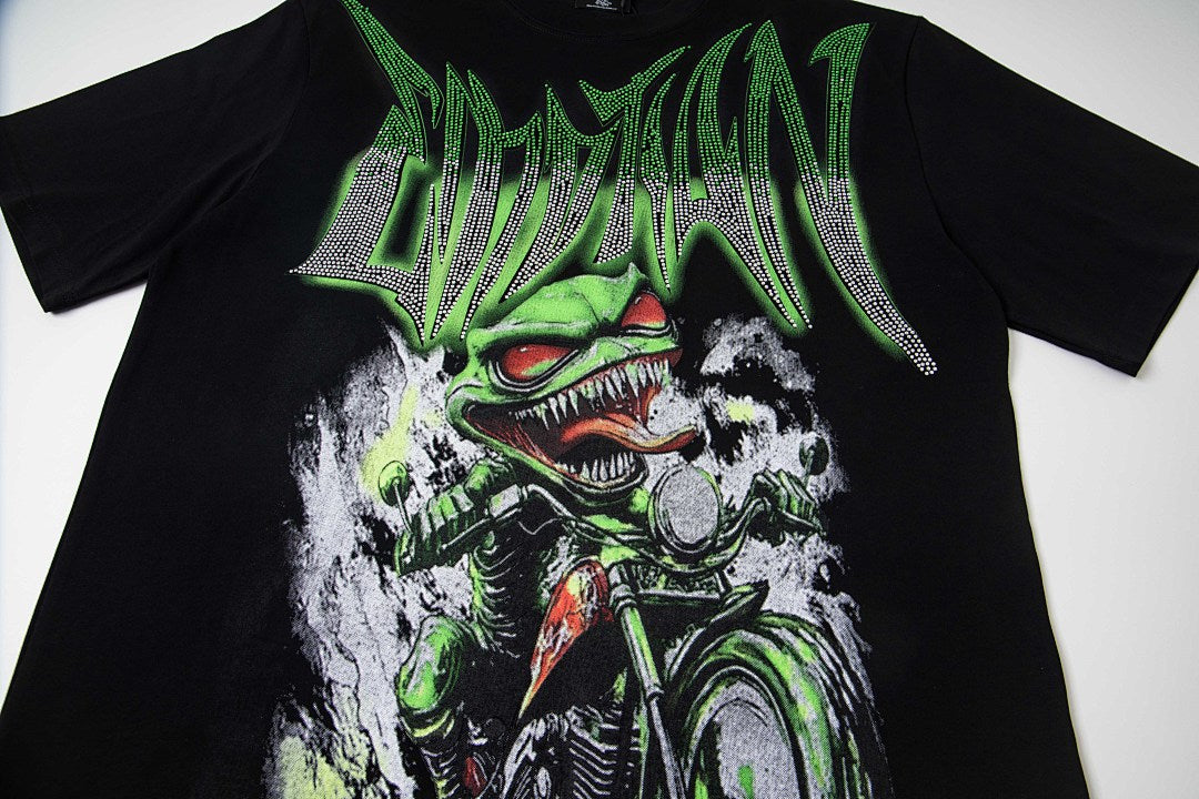 Black Vintage Green Sailboat Graphic Oversized Crew‑Neck Street T‑Shirt