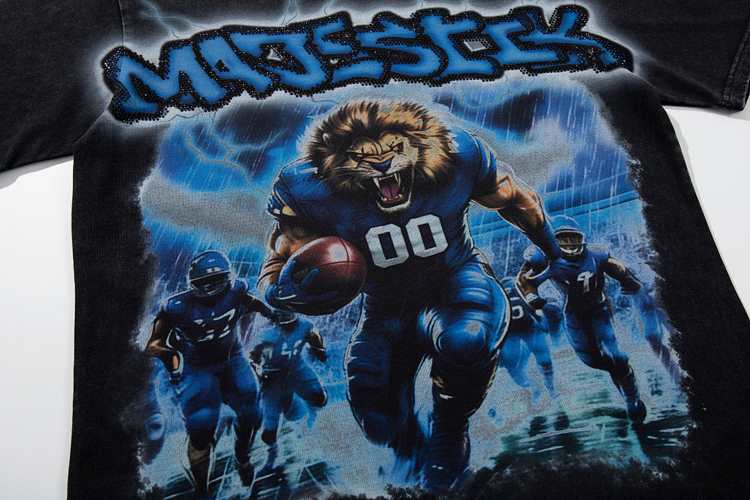 Black Washed Vintage Sports Lion Graphic Band‑Style T‑Shirt