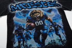 Black Washed Vintage Sports Lion Graphic Band‑Style T‑Shirt
