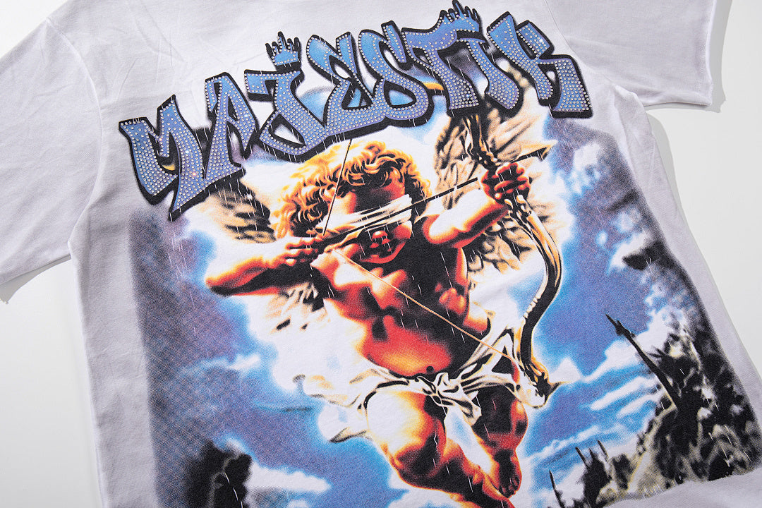 Off‑White Washed Vintage Angel Mythology Double‑Sided Graphic Band‑Style T‑Shirt