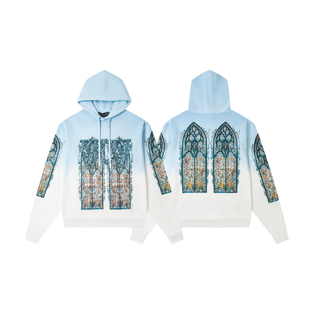 Vintage Blue‑White Gradient Church Stained‑Glass Tapestry Full‑Zip Hoodie