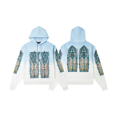 Vintage Blue‑White Gradient Church Stained‑Glass Tapestry Full‑Zip Hoodie