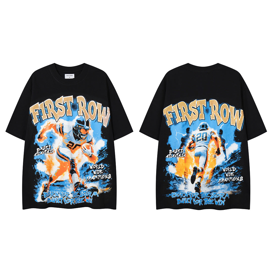 Vintage Black FIRST ROW Football Player Double‑Sided Graphic T‑Shirt