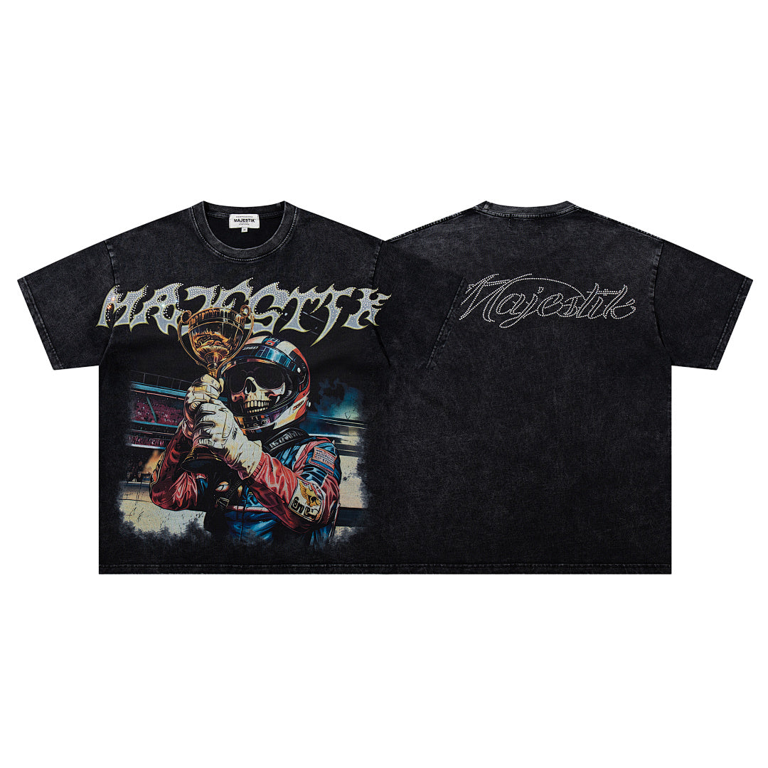 Black Washed Vintage Mask‑Figure Double‑Sided Graphic Band‑Style T‑Shirt