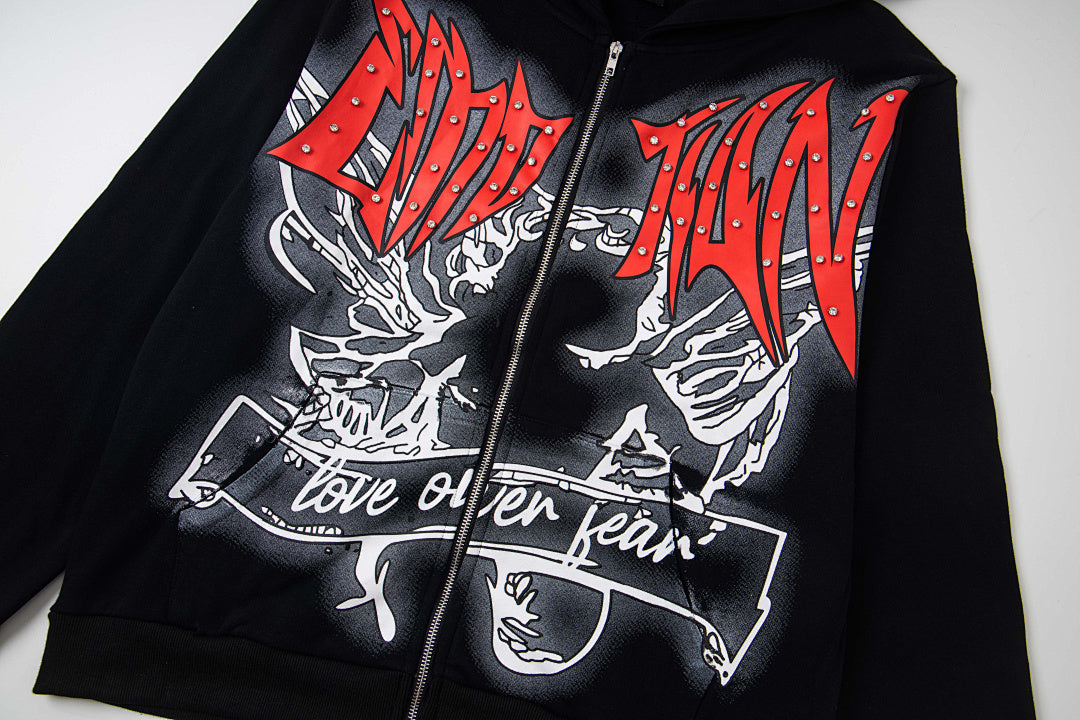Retro Dark Print Zip‑Up Hooded Jacket Hip‑Hop Urban Street Outerwear