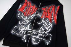 Retro Dark Print Zip‑Up Hooded Jacket Hip‑Hop Urban Street Outerwear