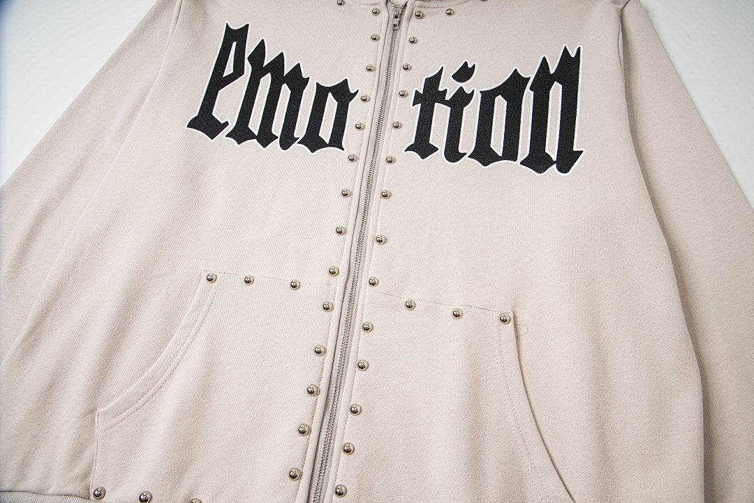 Retro Rivet Detail Full Zip Hooded Jacket Oversized Hip‑Hop Street Outerwear