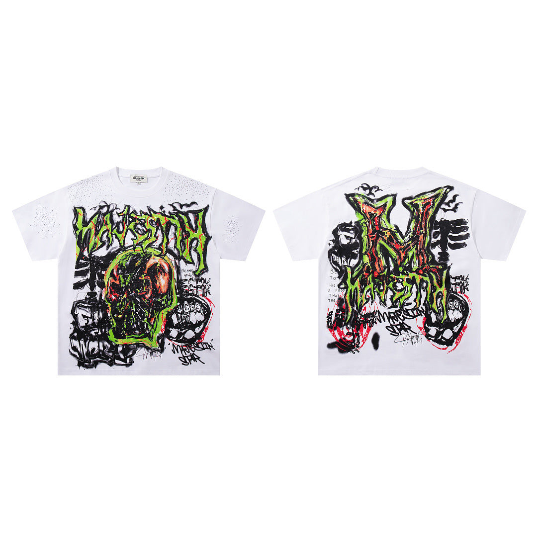 Vintage White Street Graffiti Monster Graphic T‑Shirt