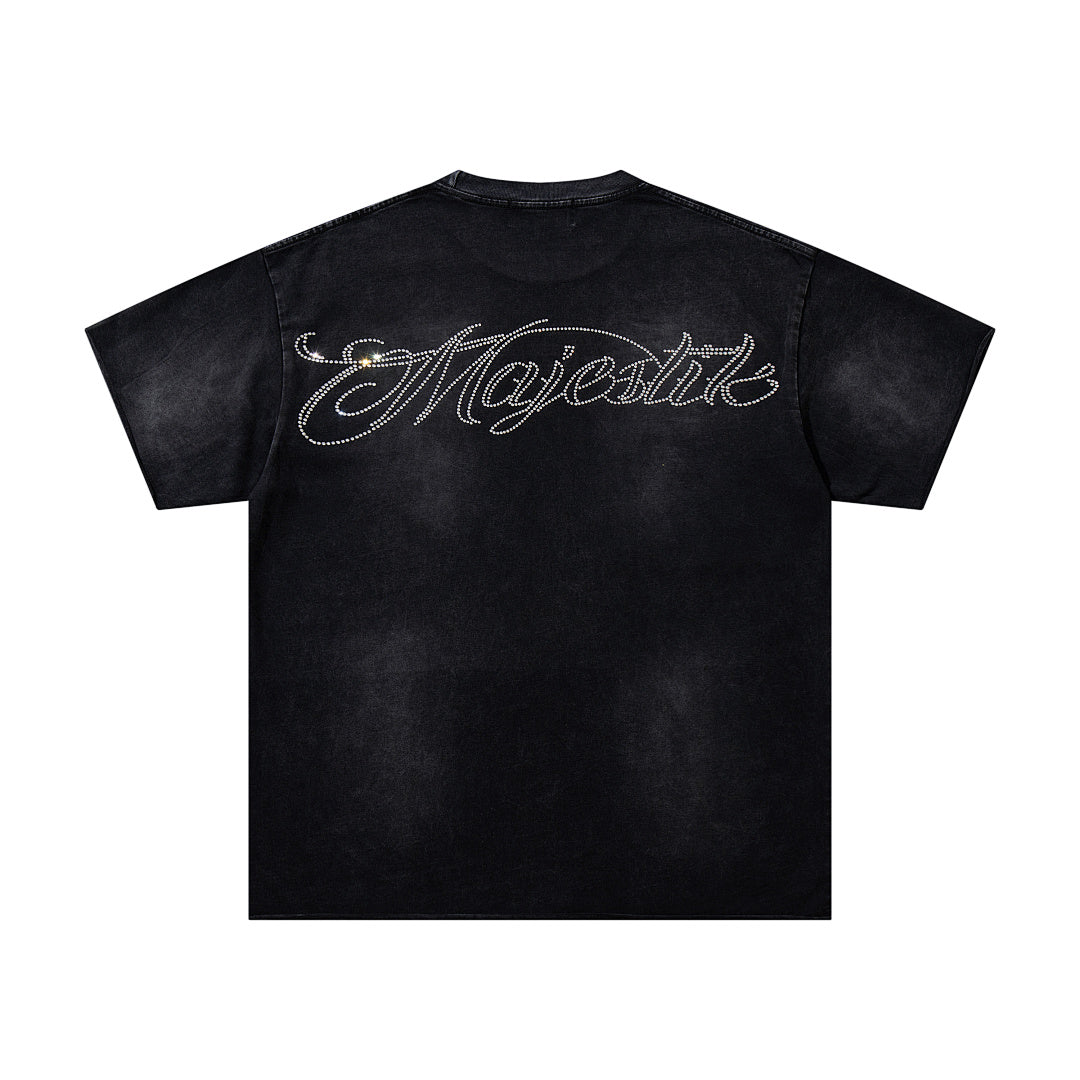 Black Washed Vintage Knight‑Horse Double‑Sided Graphic Band‑Style T‑Shirt