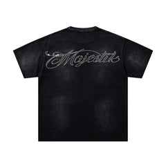 Black Washed Vintage Knight‑Horse Double‑Sided Graphic Band‑Style T‑Shirt