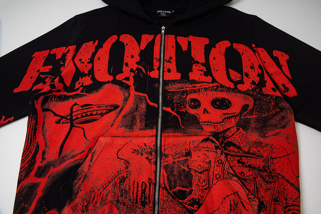 Black Vintage Red Gothic Graphic Zip‑Up Oversized Hoodie Gothic Streetwear Sweatshirt