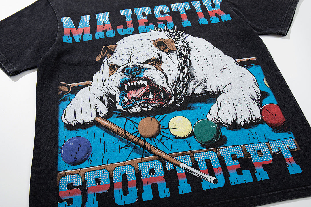 Black Washed Vintage Bulldog Graphic Band‑Style T‑Shirt