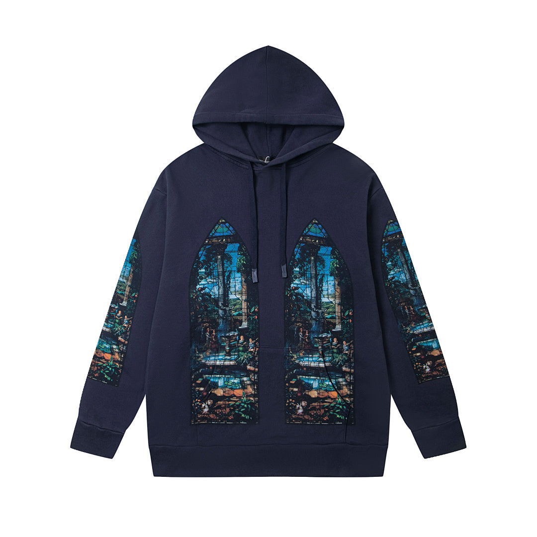 Vintage Navy Blue Church Stained‑Glass Full‑Zip Hoodie