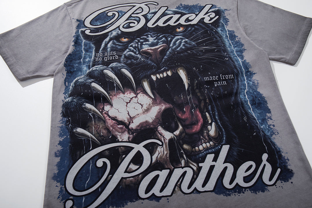 Washed Grey Black Panther Vintage Graphic T‑Shirt