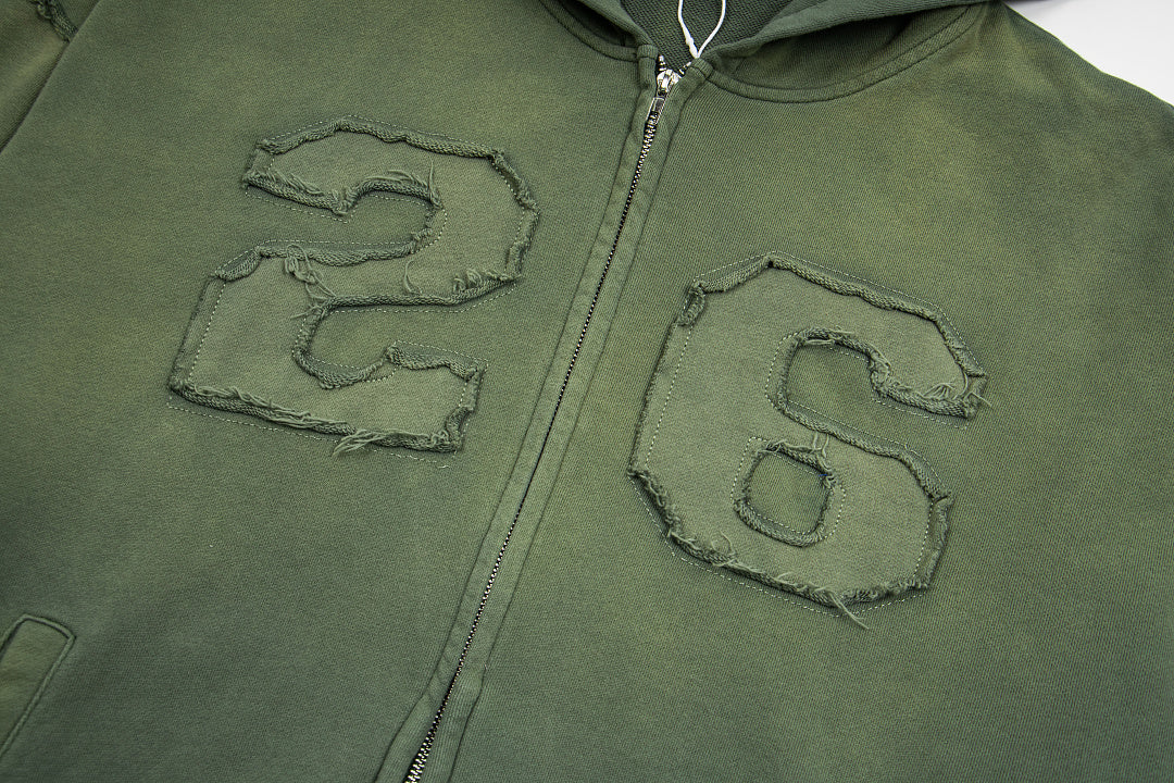 Vintage Olive Green Number 26 Embroidery Full‑Zip Hoodie