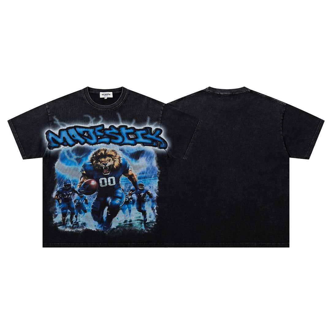 Black Washed Vintage Sports Lion Graphic Band‑Style T‑Shirt