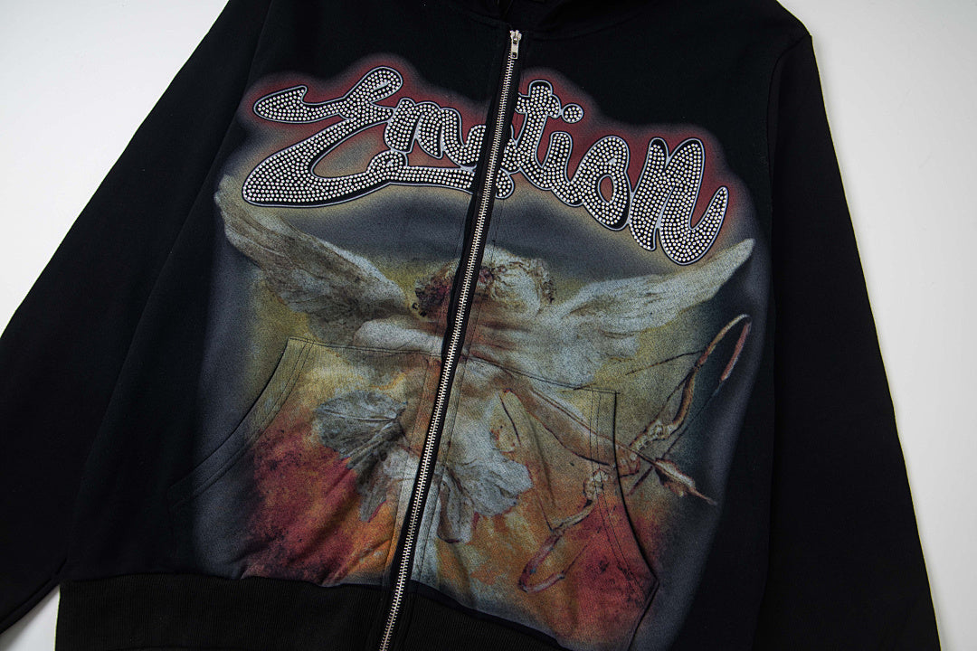 Black Vintage Rock Graphic Zip‑Up Oversized Hoodie Gothic Streetwear Sweatshirt