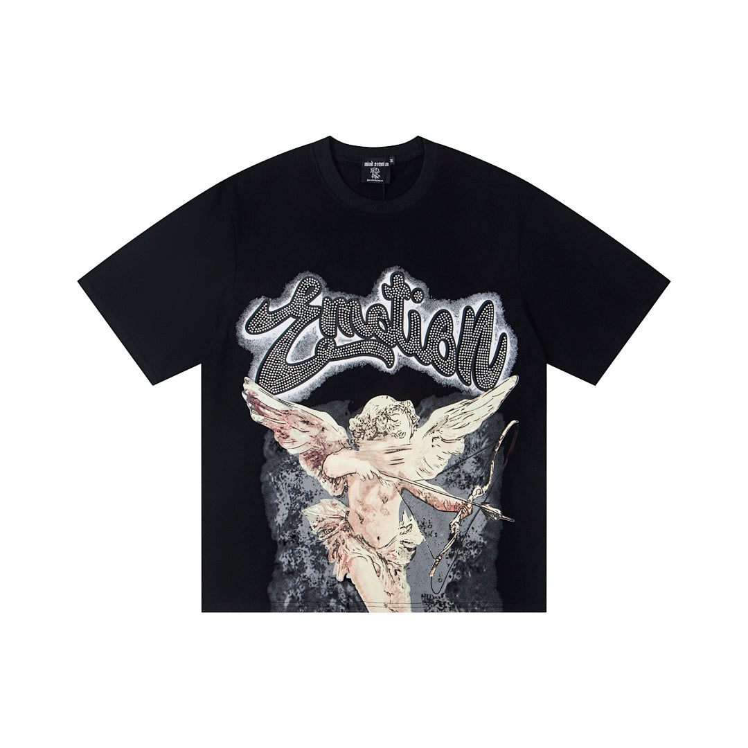 Black Vintage Rhinestone Letter Angel Graphic Oversized Crew‑Neck Street T‑Shirt