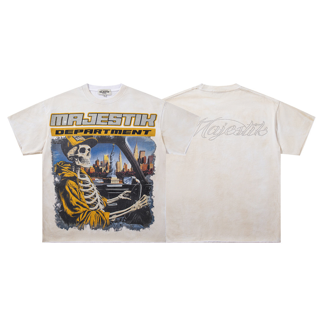 Off‑White Washed Vintage Skeleton City Tour Graphic Band‑Style T‑Shirt