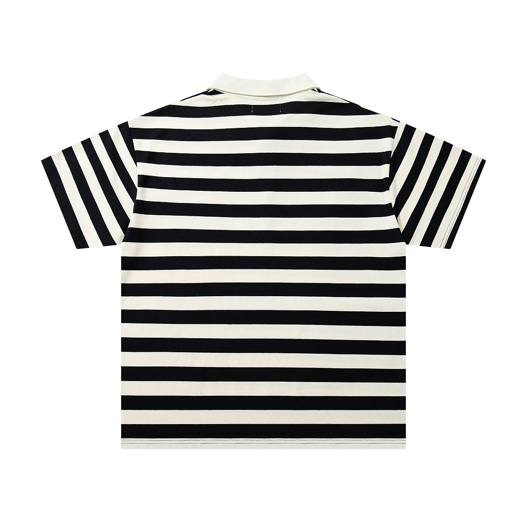Black White Stripe Vintage Portrait Graphic Polo Shirt