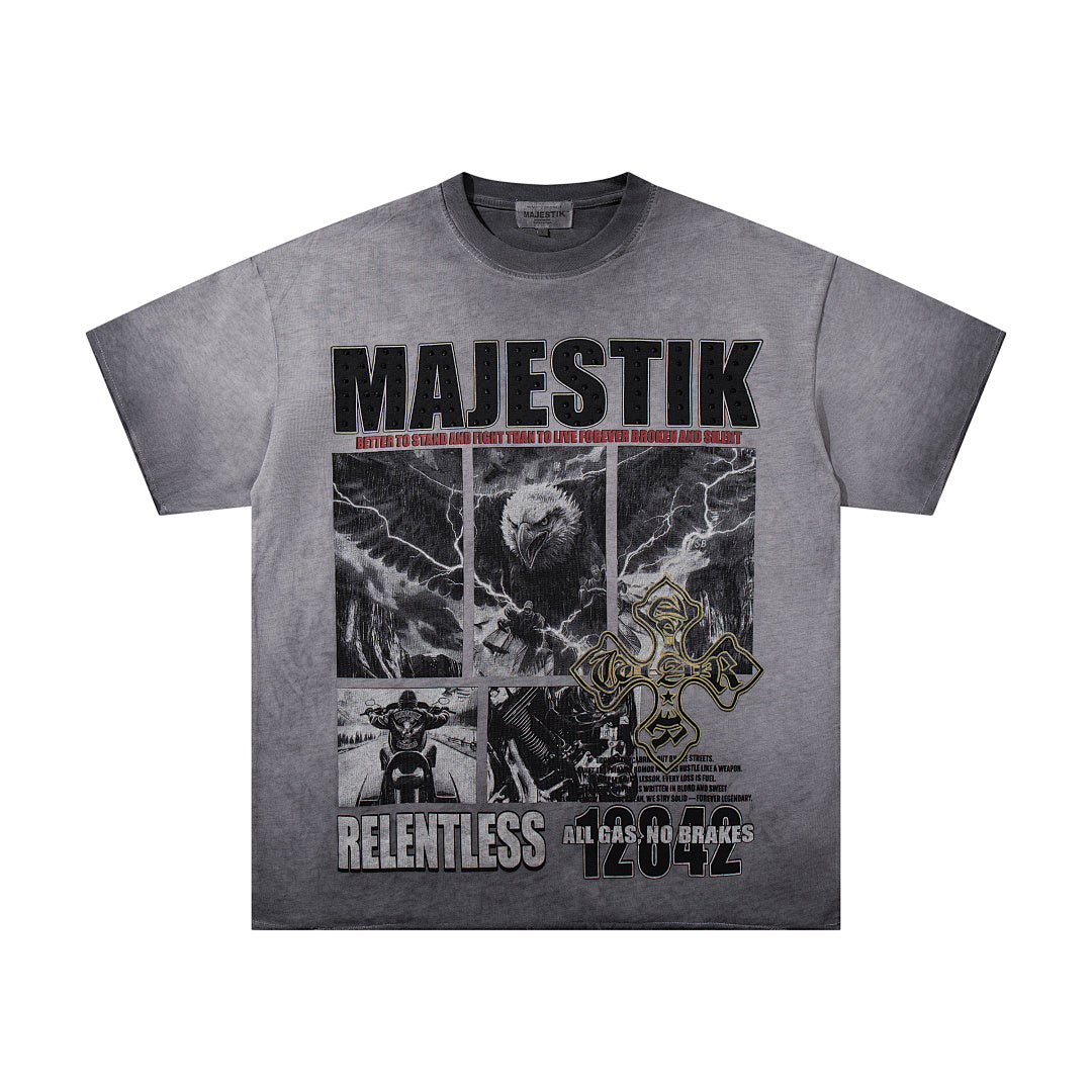 Grey Black Washed Vintage Portrait Totem Double‑Sided Graphic Band‑Style T‑Shirt