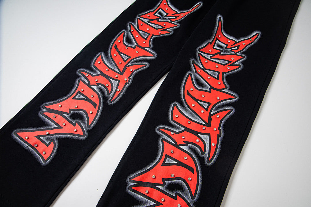 Black Straight Sweat Pants With Red Gothic Letter Print Urban Streetwear