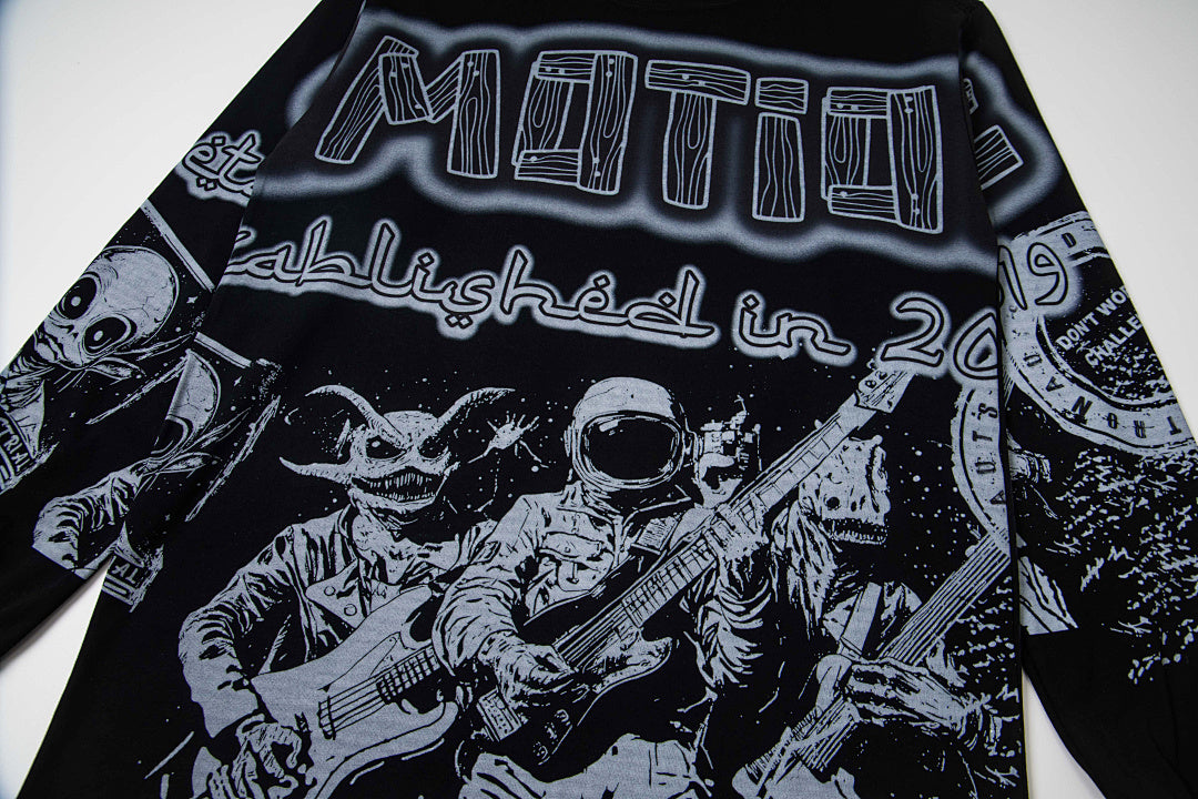 Black Gothic Skull Art Long Sleeve T‑Shirt Urban Underground Streetwear