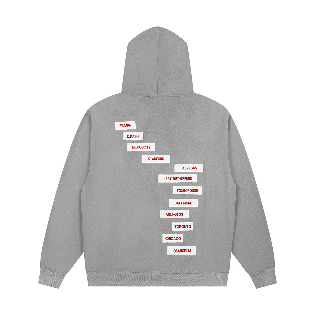 Vintage Light Grey Diagonal Stacked Letter Print Full‑Zip Hoodie