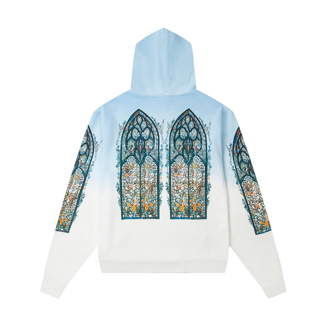 Vintage Blue‑White Gradient Church Stained‑Glass Tapestry Full‑Zip Hoodie