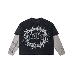 Thorn Letter Graphic Fake Two‑Piece Long Sleeve T‑Shirt Streetwear Top