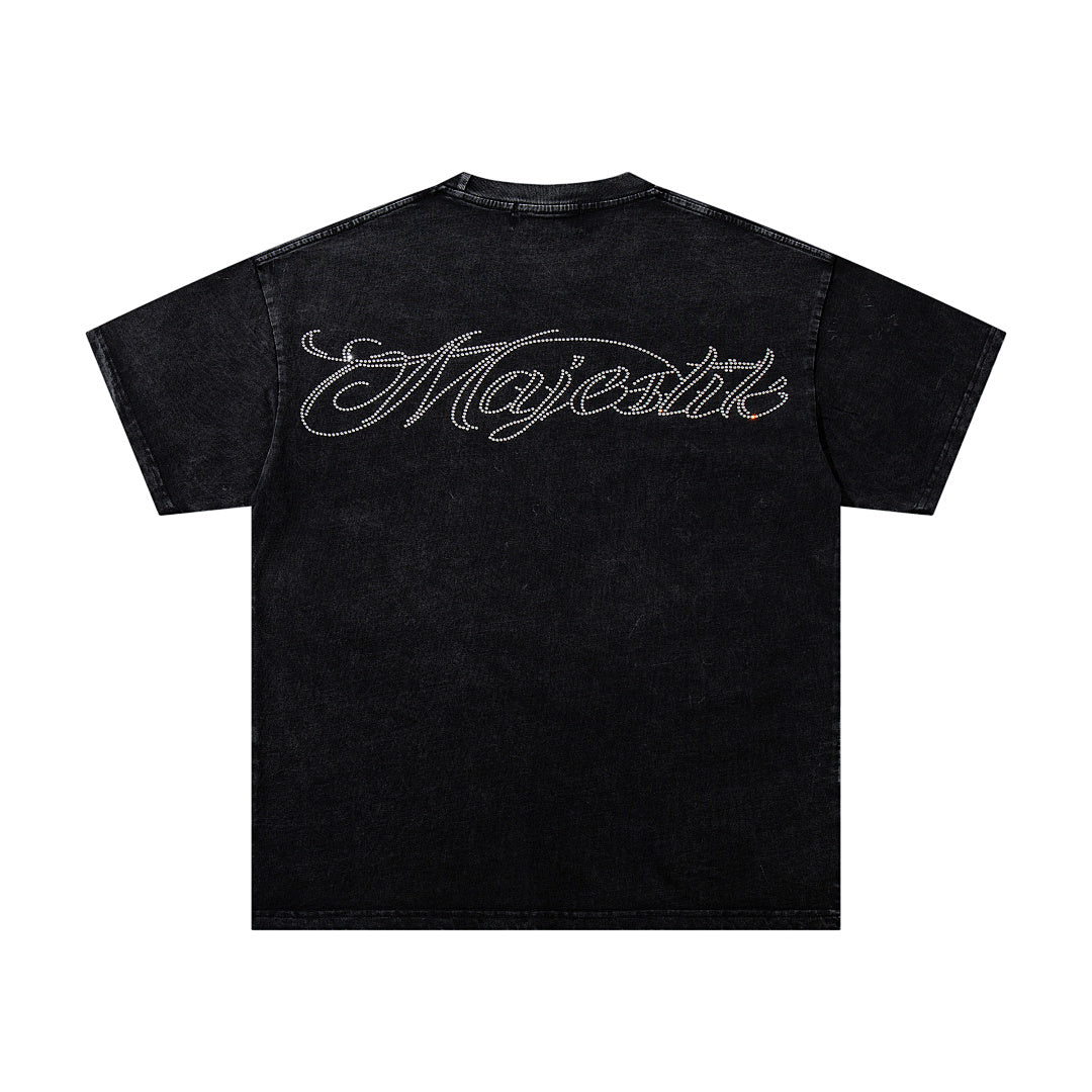 Black Washed Vintage Motorcycle Racing Graphic Band‑Style T‑Shirt