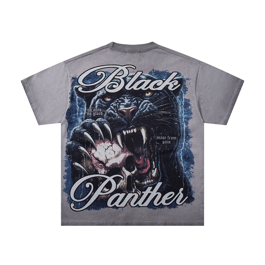 Washed Grey Black Panther Vintage Graphic T‑Shirt
