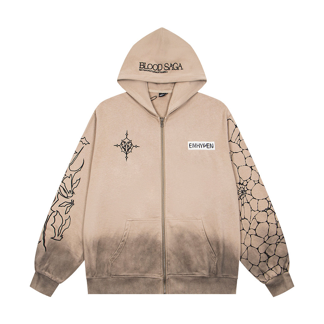 Vintage Gradient Wolf Graphic Full‑Zip Hoodie