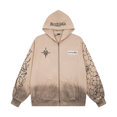 Vintage Gradient Wolf Graphic Full‑Zip Hoodie