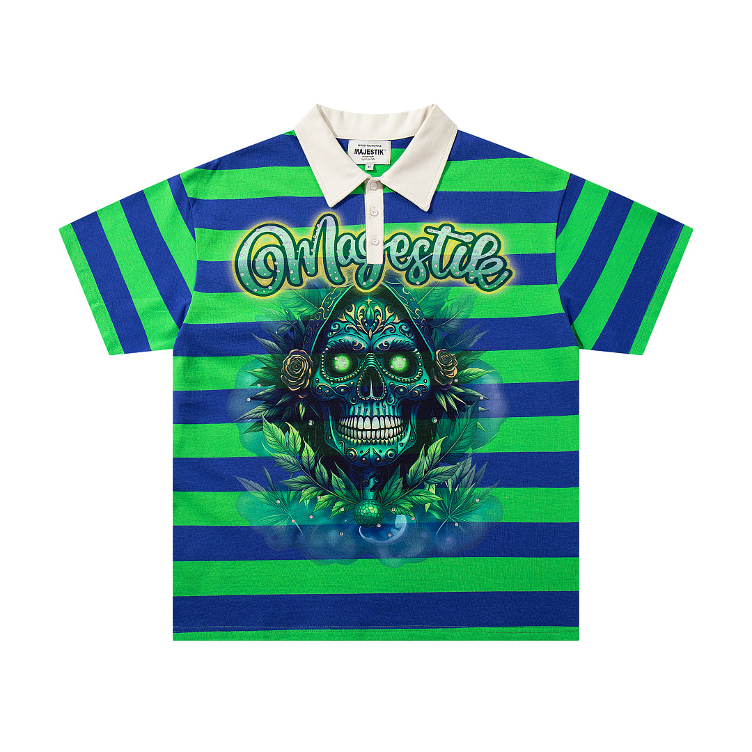 Green Blue Stripe Monster Graphic Vintage Polo Shirt