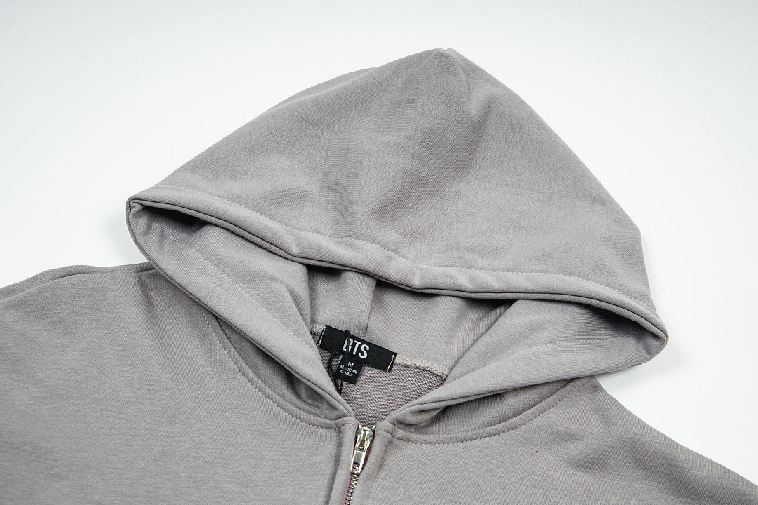 Vintage Light Grey Diagonal Stacked Letter Print Full‑Zip Hoodie