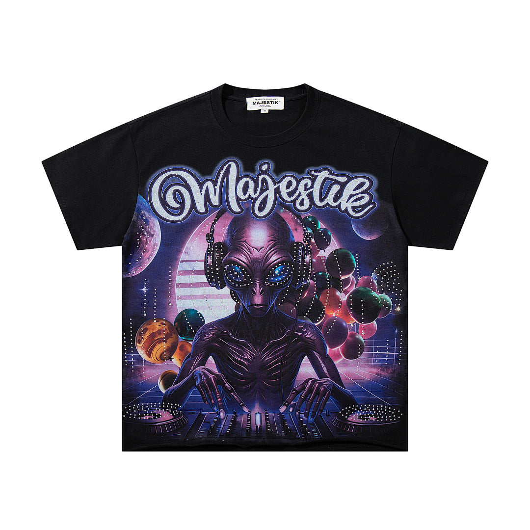 Black Vintage Sci‑Fi Alien Mecha Band‑Style Graphic T‑Shirt