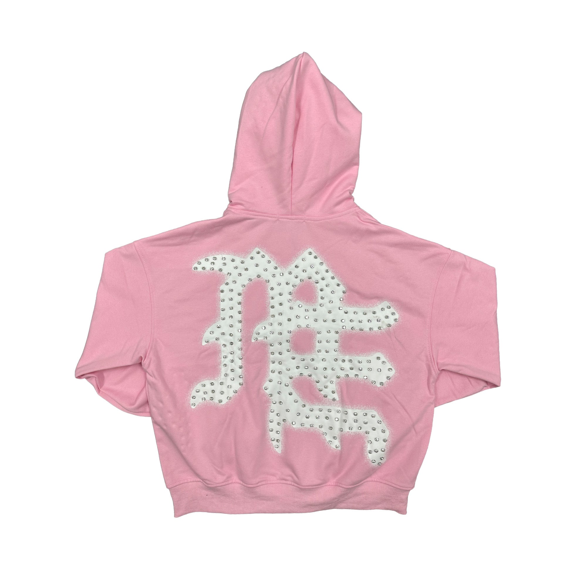 Pink Rhinestone Graphic Full Zip Hoodie Men Streetwear Zip‑Up Hooded Sweatshirt