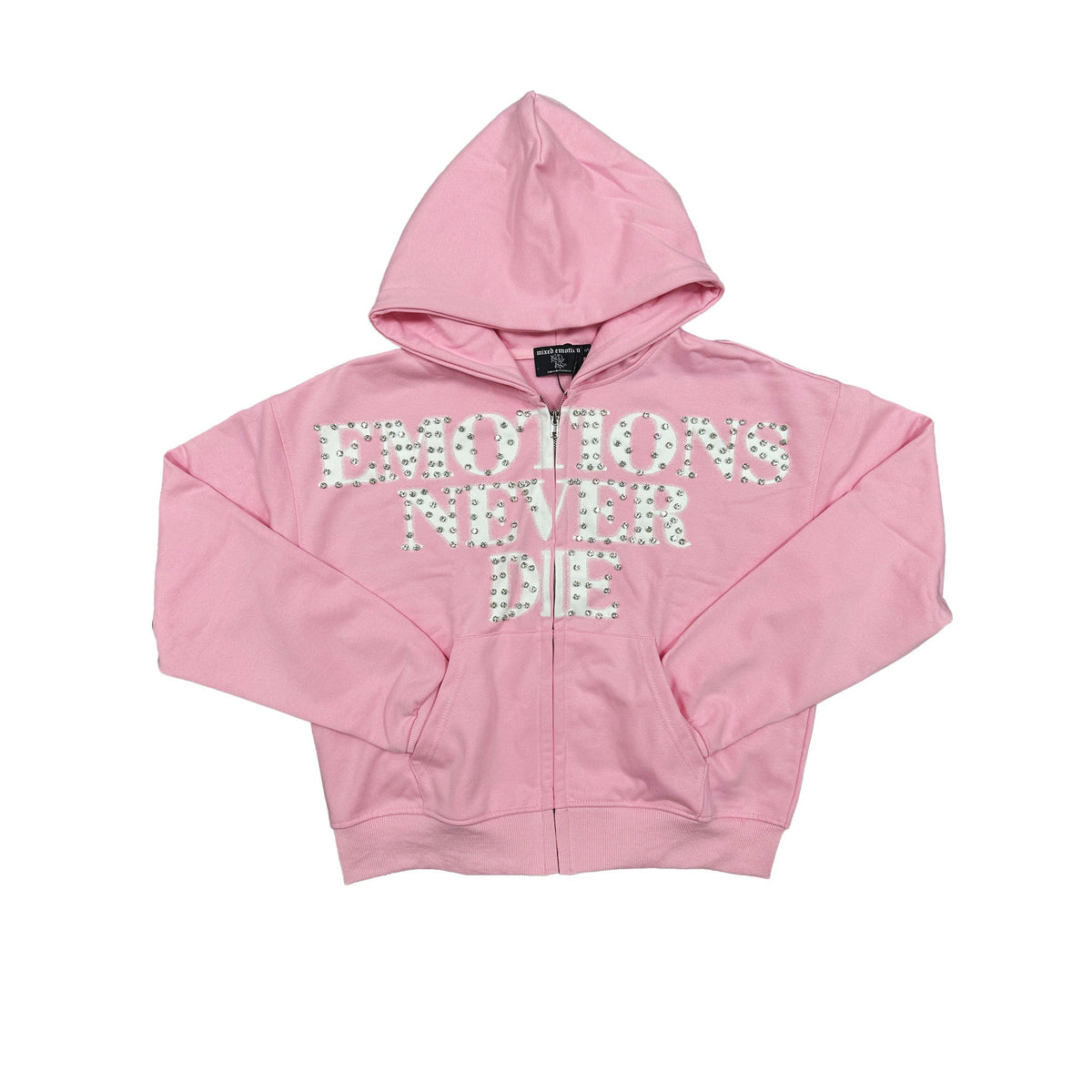 Pink Rhinestone Graphic Full Zip Hoodie Men Streetwear Zip‑Up Hooded Sweatshirt